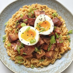 Spam Ramen on a blue plate