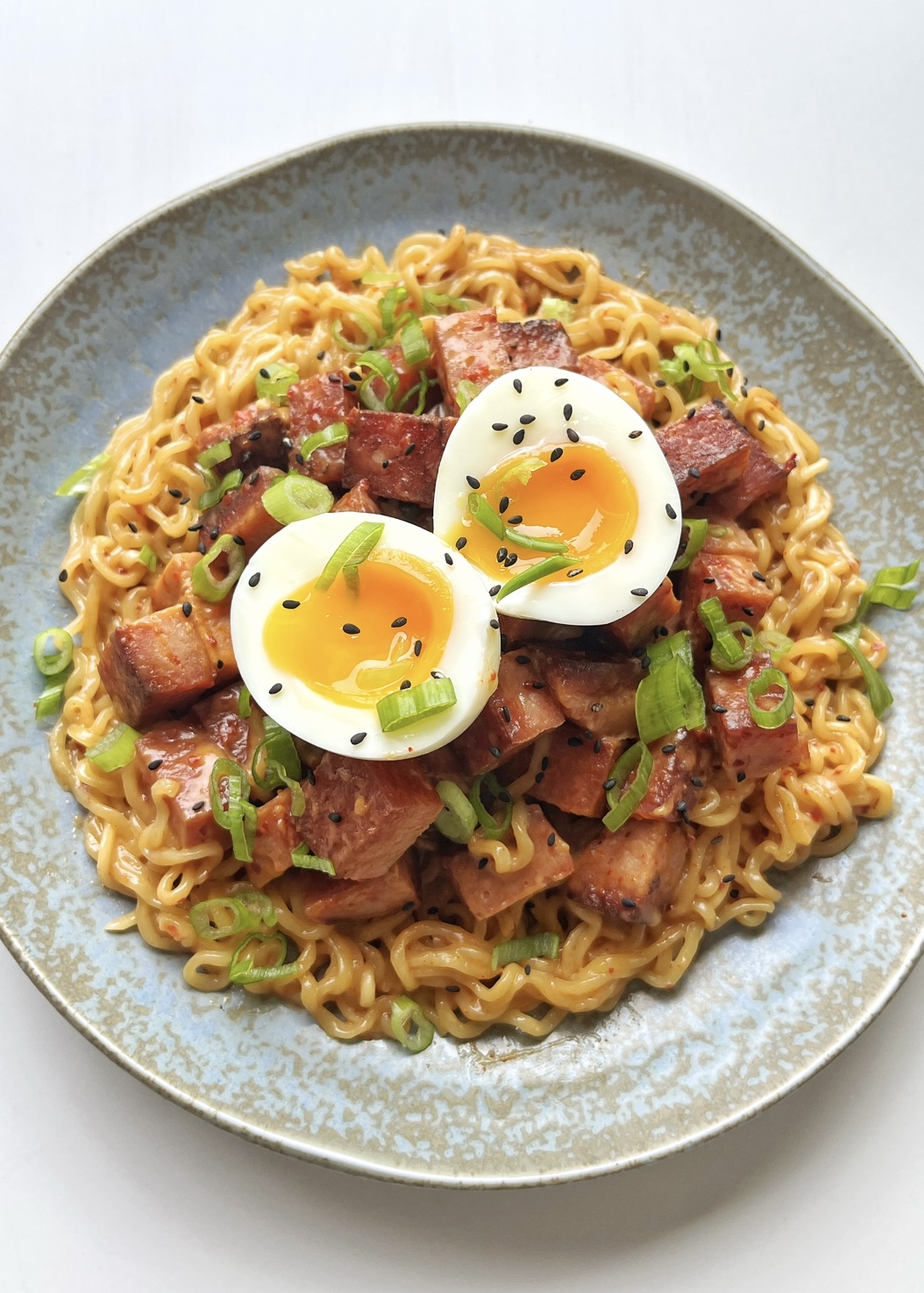 Spam Ramen on a blue plate