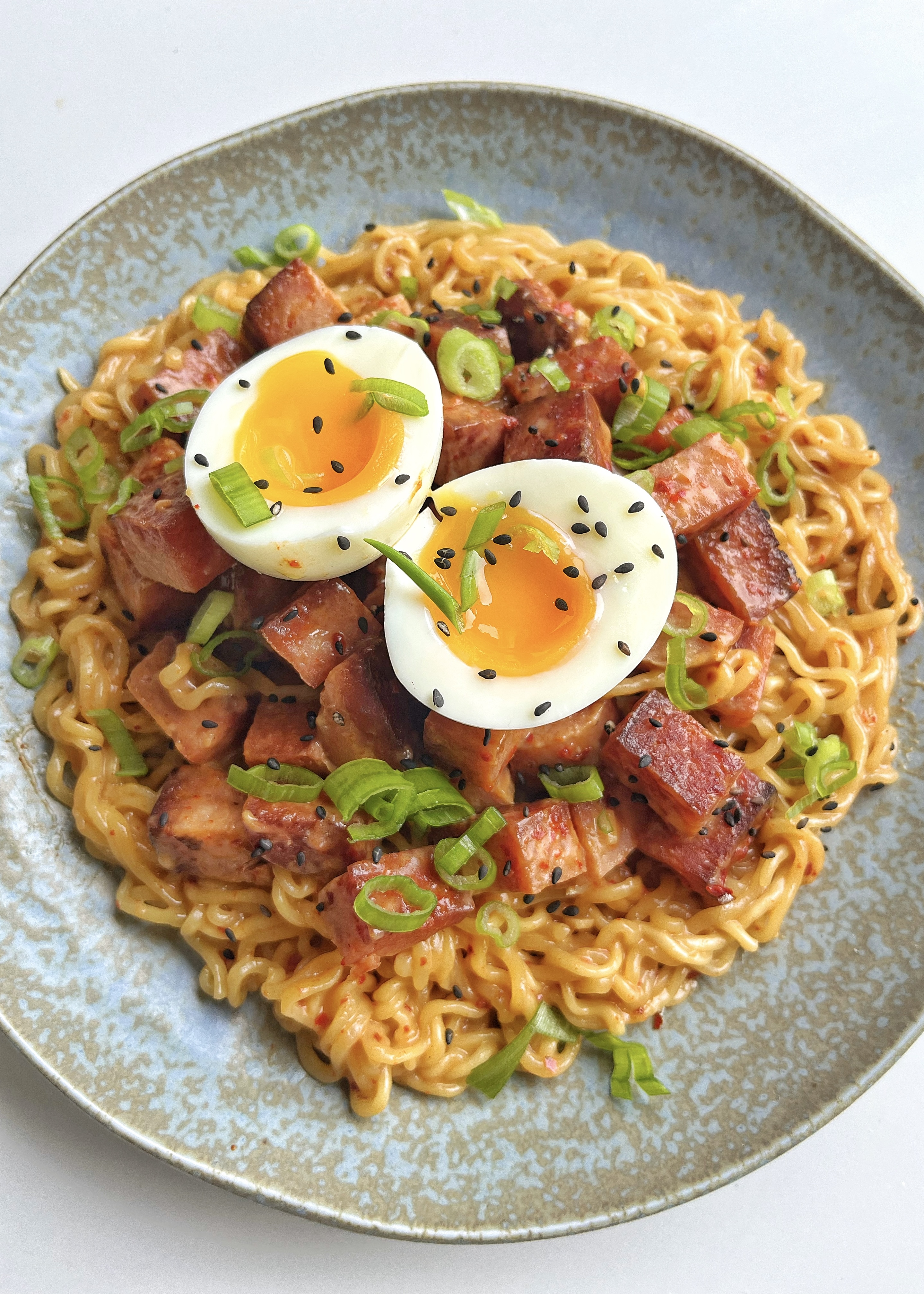 Easy Spam Ramen With Egg on a blue plate