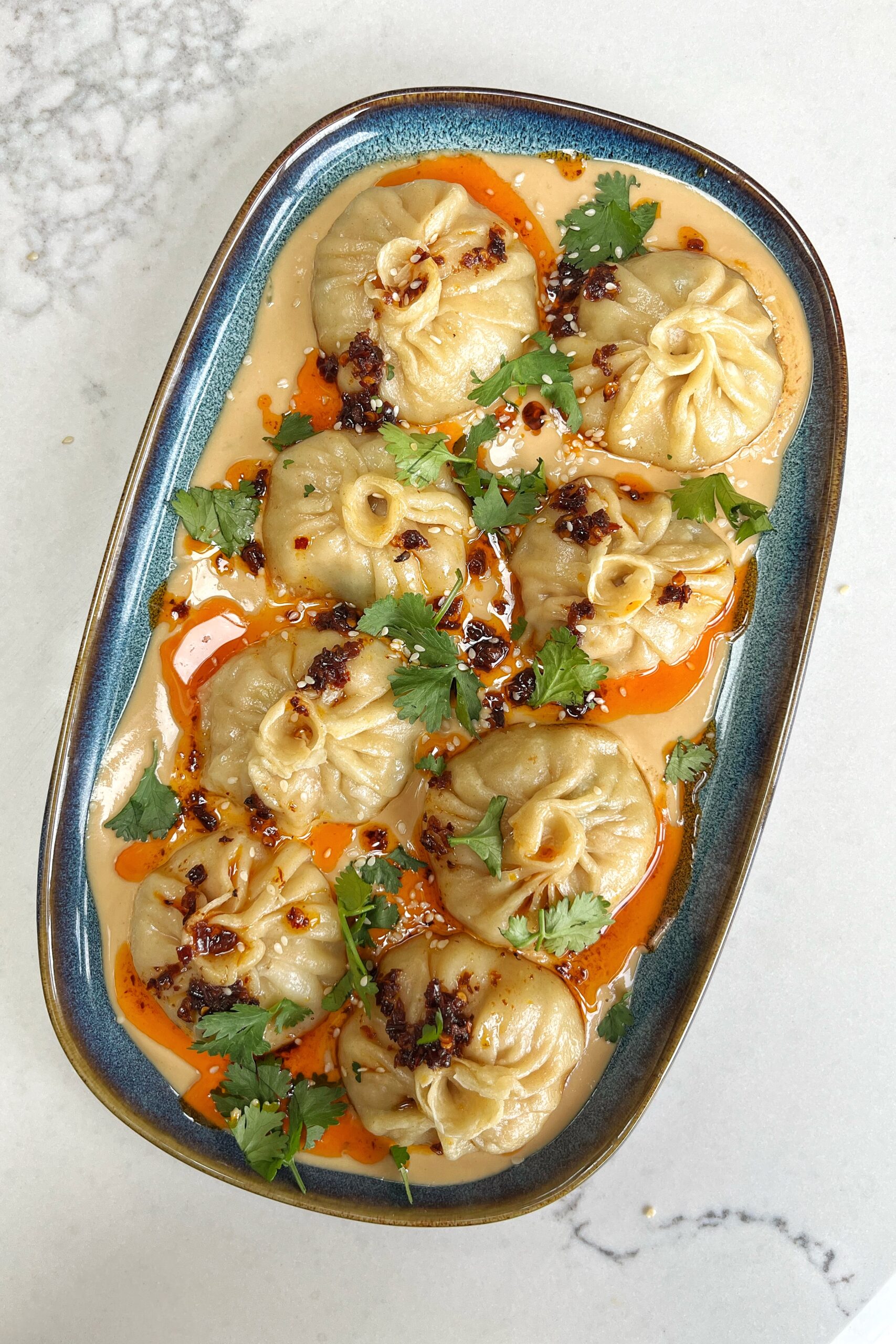 Chicken & Pork Dumplings on a blue plate