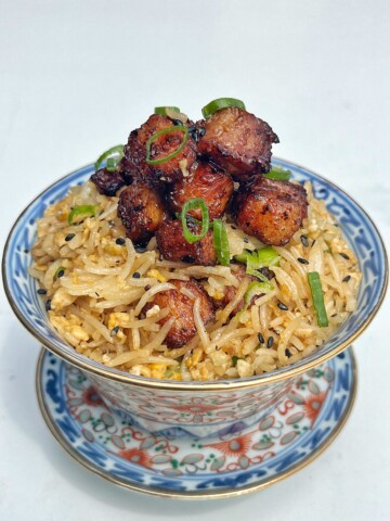 Pork belly fried rice in a bowl