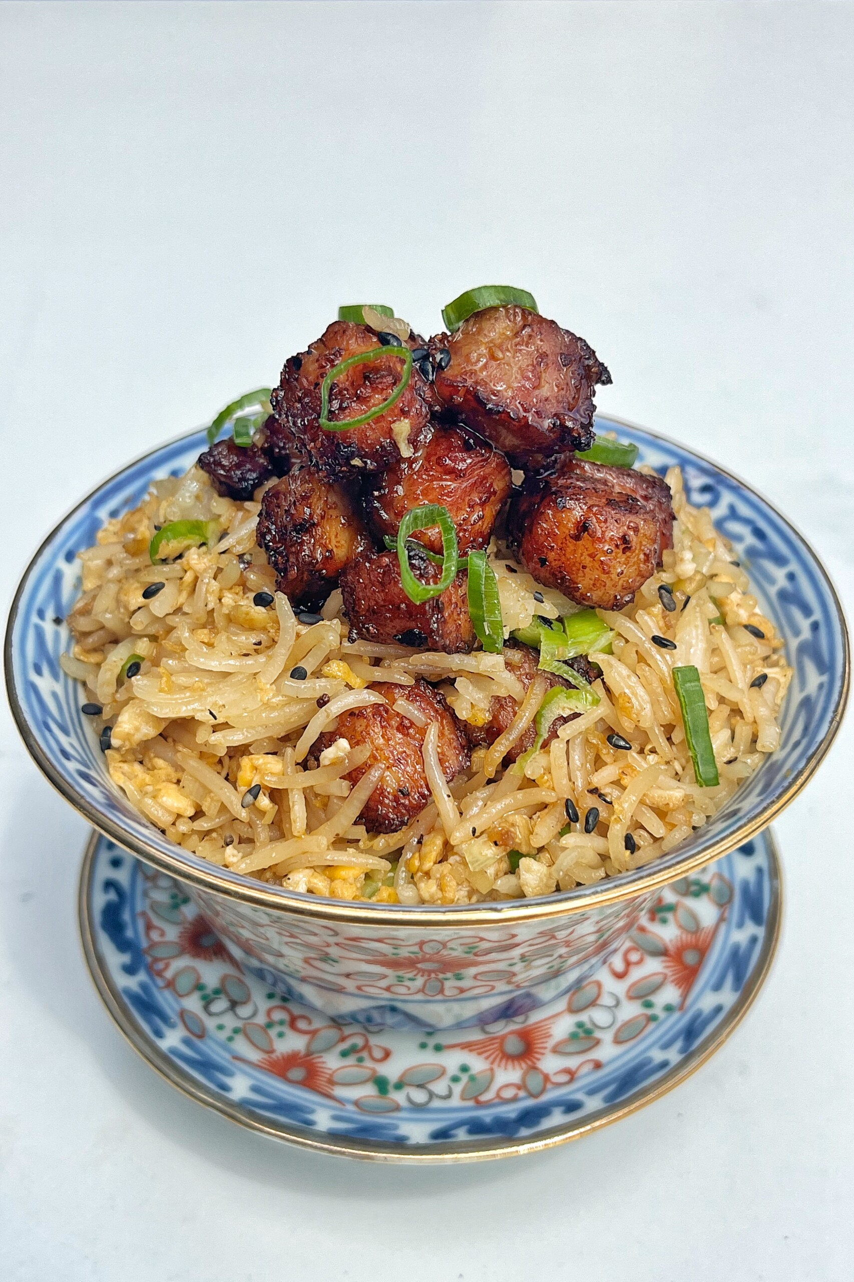 Pork belly fried rice in a bowl
