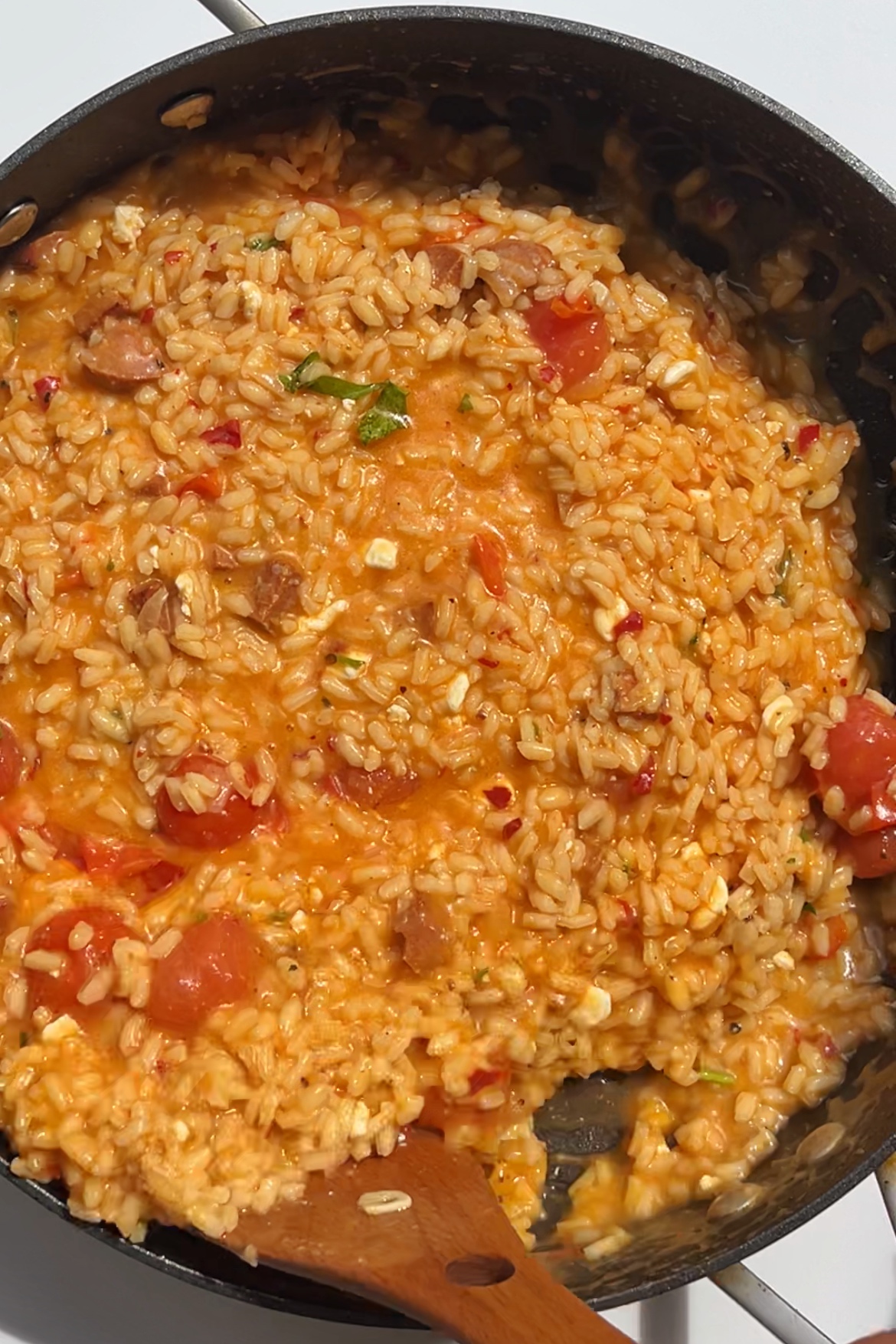 Chorizo and tomatoes in 'nduja risotto.