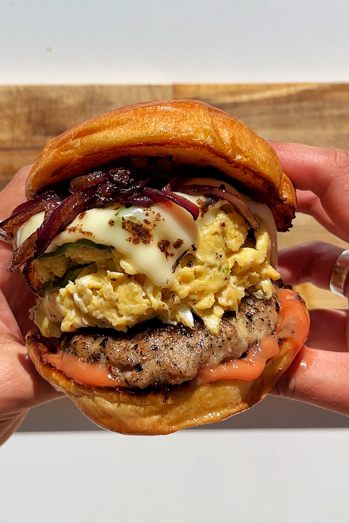 Close up of egg burger.