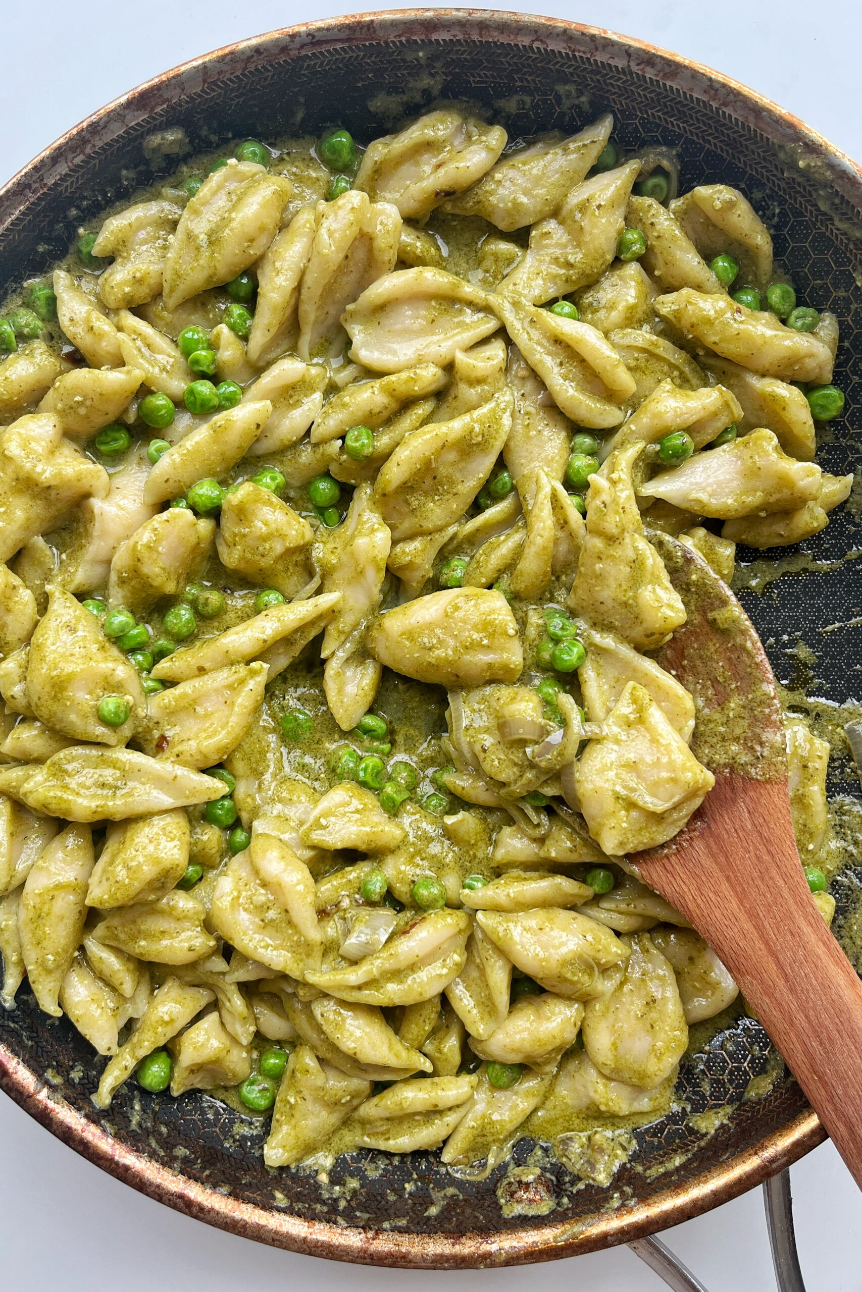 Pea pesto and tofu pasta dish.