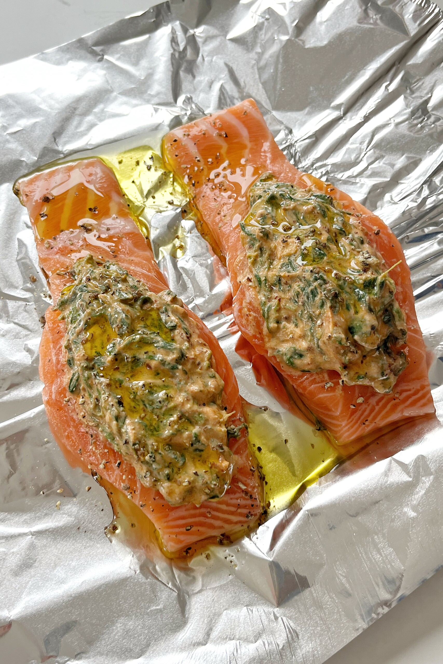 Air fryer salmon on tinned foil.