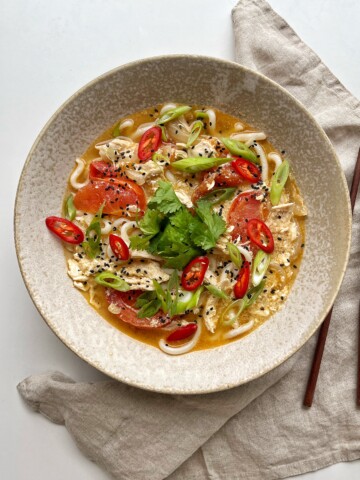 Bowl of warm chicken teriyaki udon.