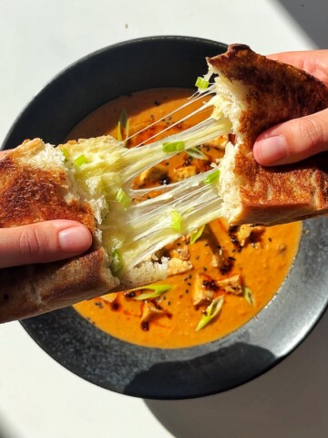 Cheese toastie pull with tomato and tofu soup underneath.