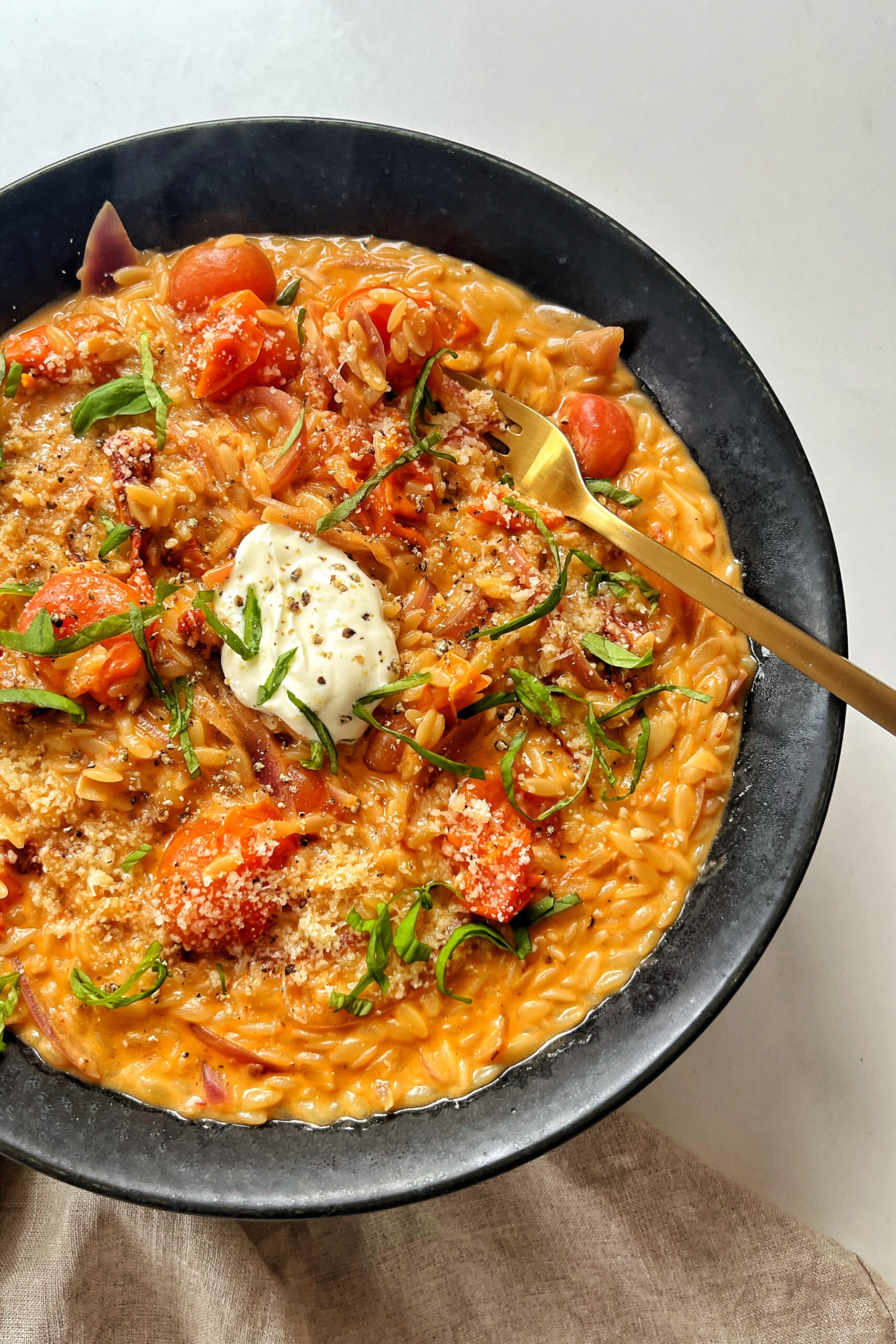 Black Plate with tomato orzo.