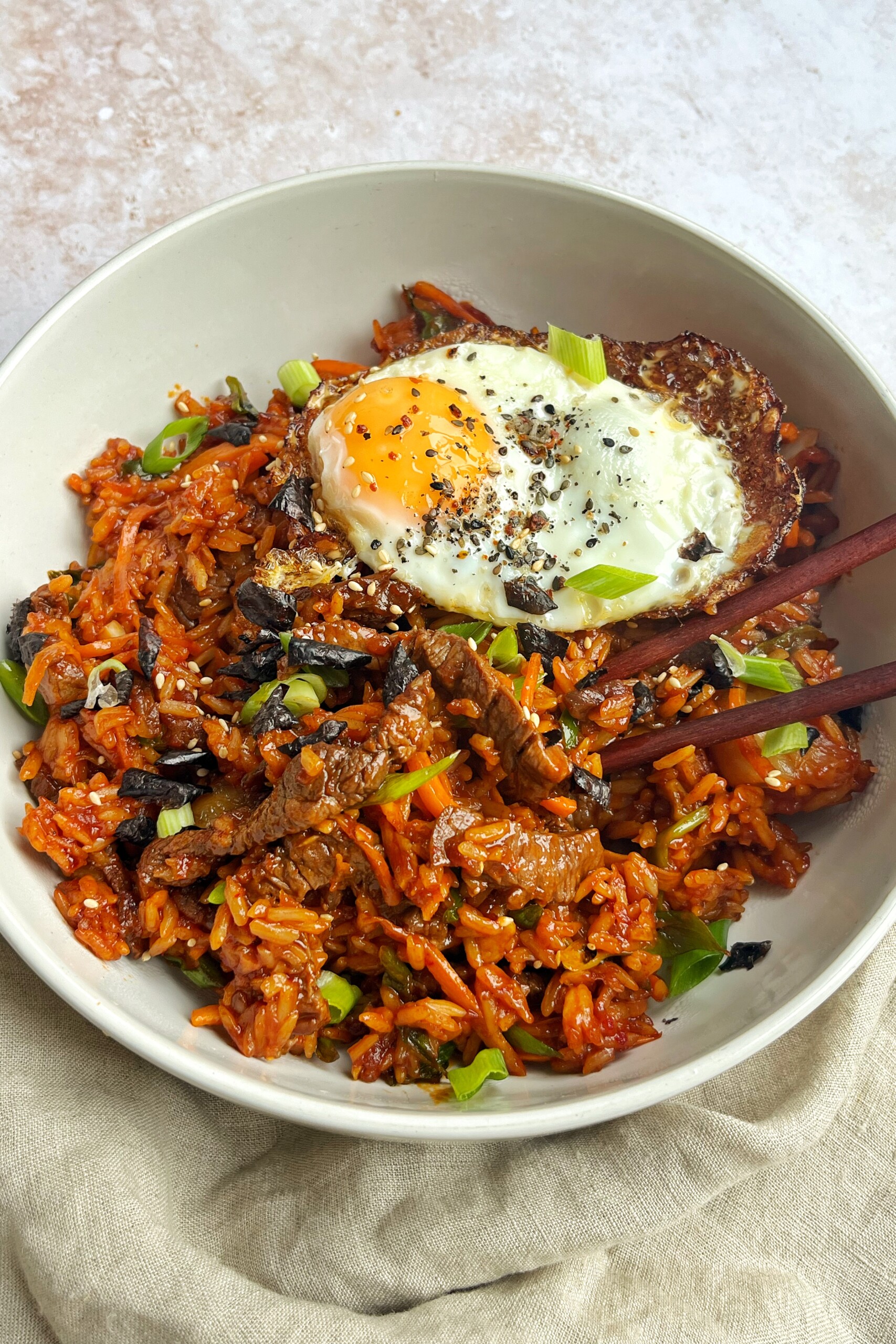 Top down shot of bulgogi fried rice.