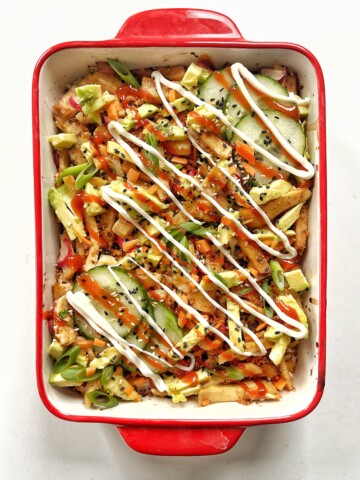 Top down photo of vegan sushi bake.