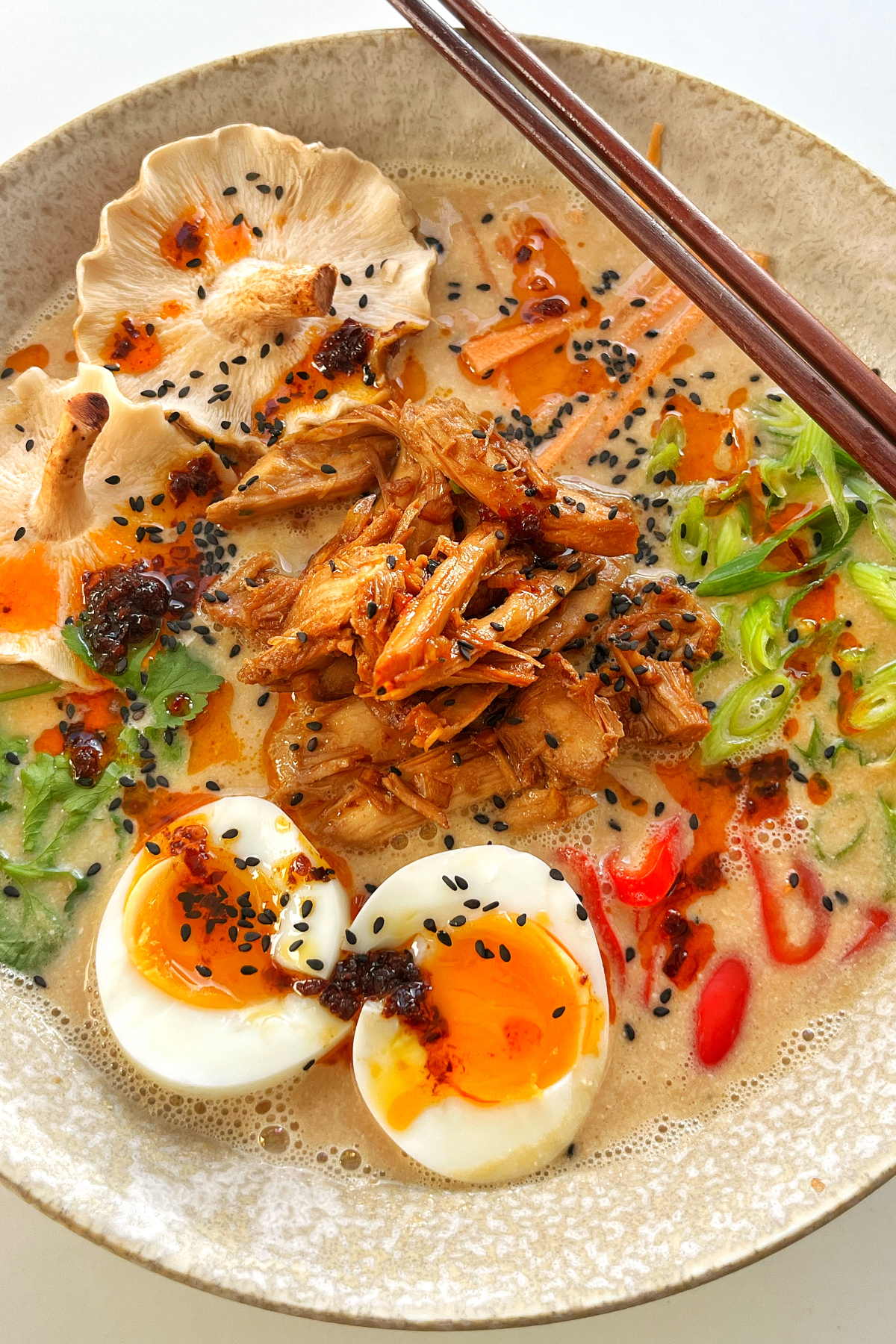 Close up of homemade turkey ramen with a boiled egg, turkey, mushroom, chilli, spring onion, and coriander.