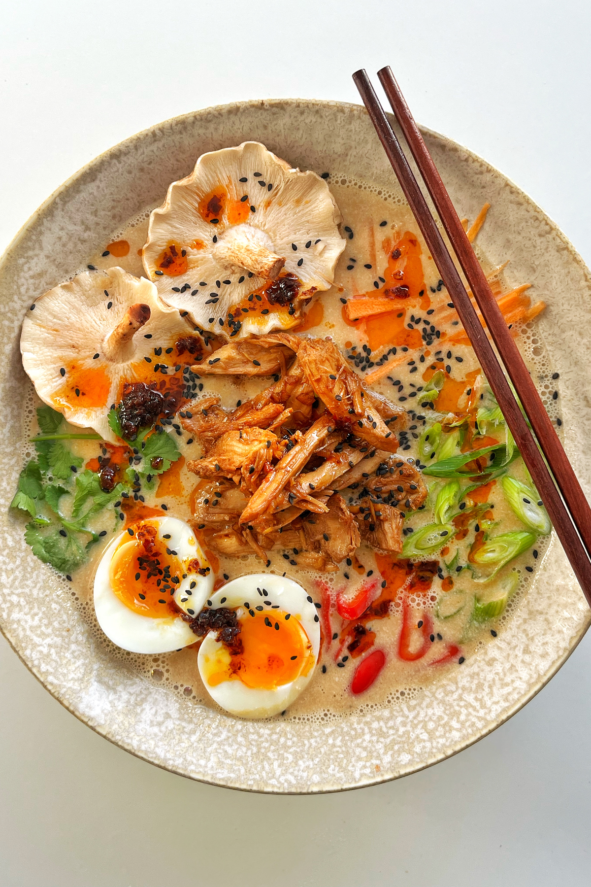 Top down photo of a bowl of turkey ramen.