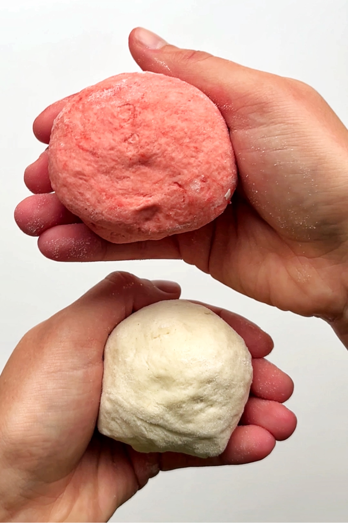 Pink and white dumpling dough.