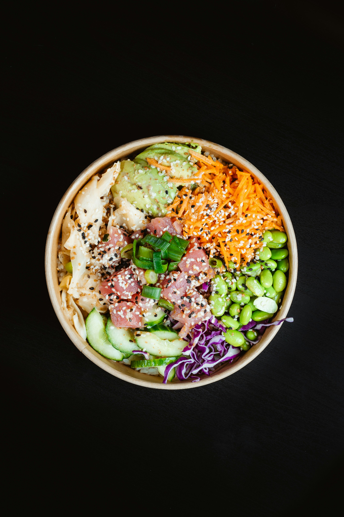 Edamame beans in a poke bowl.