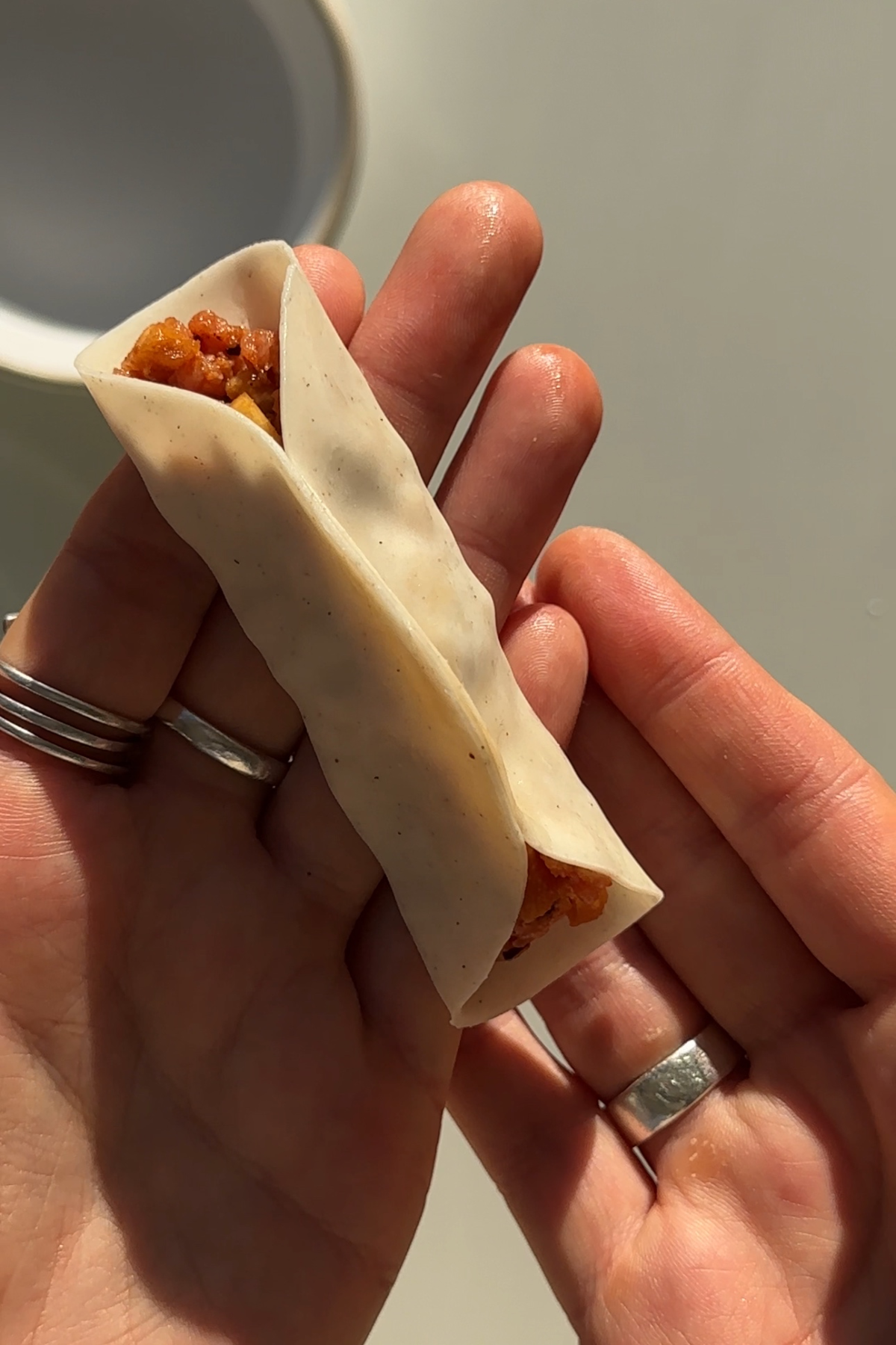 Folded dumpling with open ends.