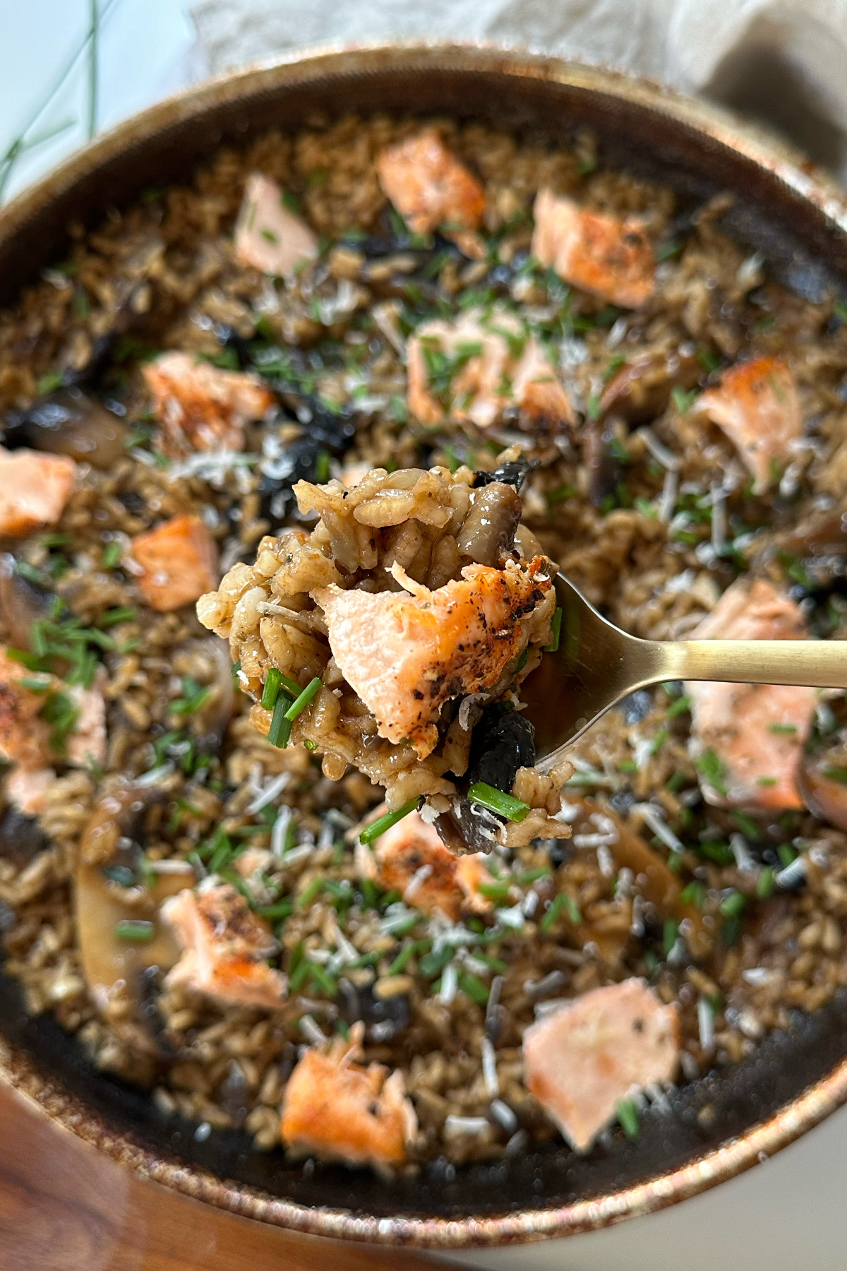 Close up of mushroom and salmon risotto. Spoon holding some of the risotto.