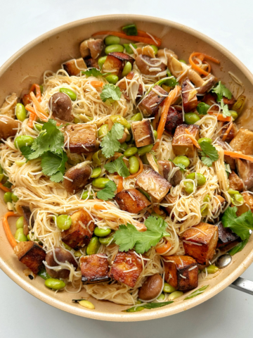 Pan of stir fried noodles vermicelli.