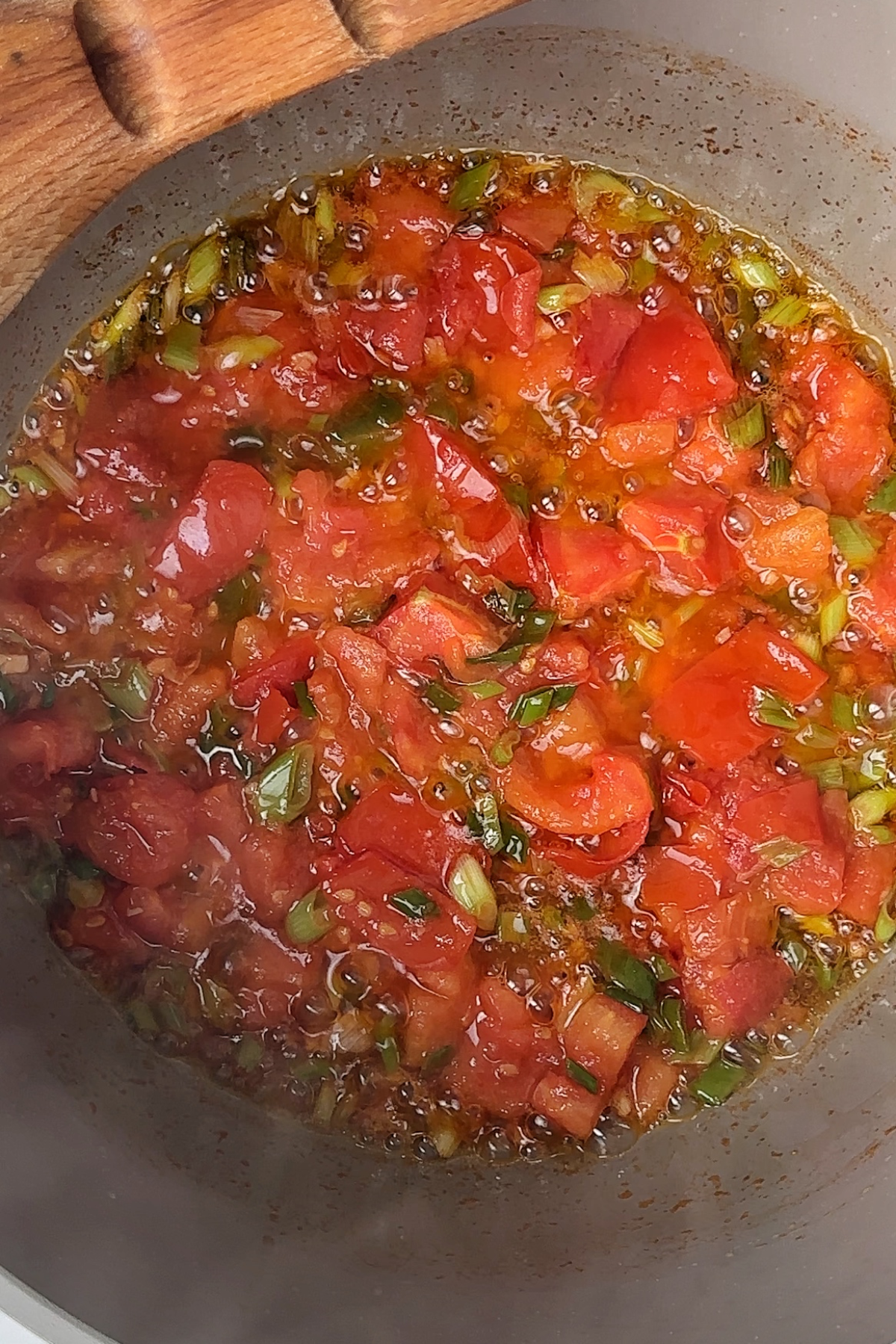 Stir fried tomatoes and spring onions in a saucepan.