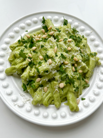 Avocado Pesto on a white plate.