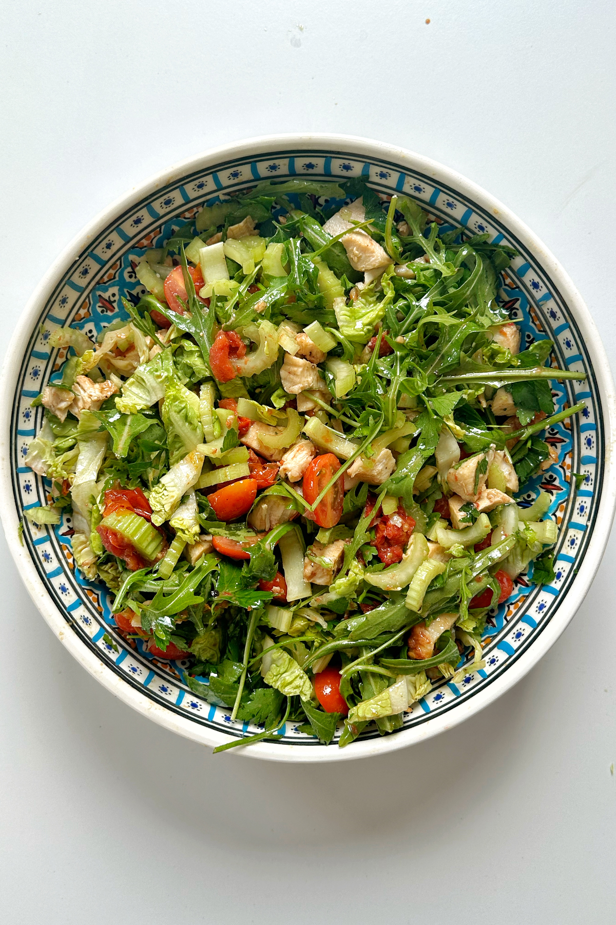 Chicken salad without mayo in a large bowl.