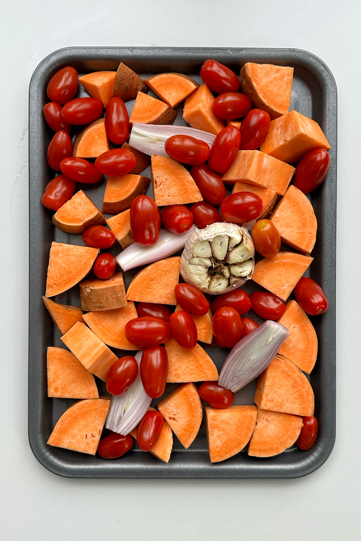 Sheet pan full of vegetables.