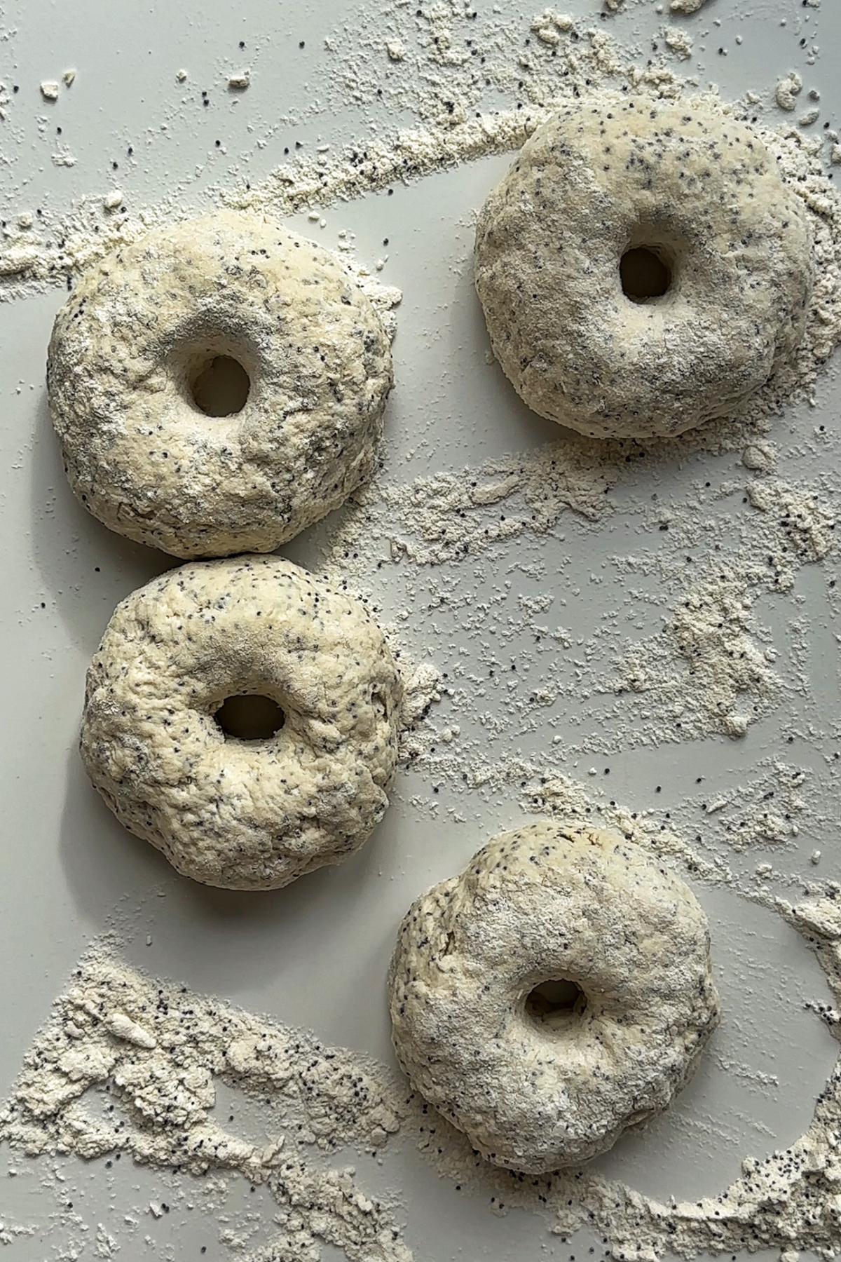 Uncooked bagels on a white surface.