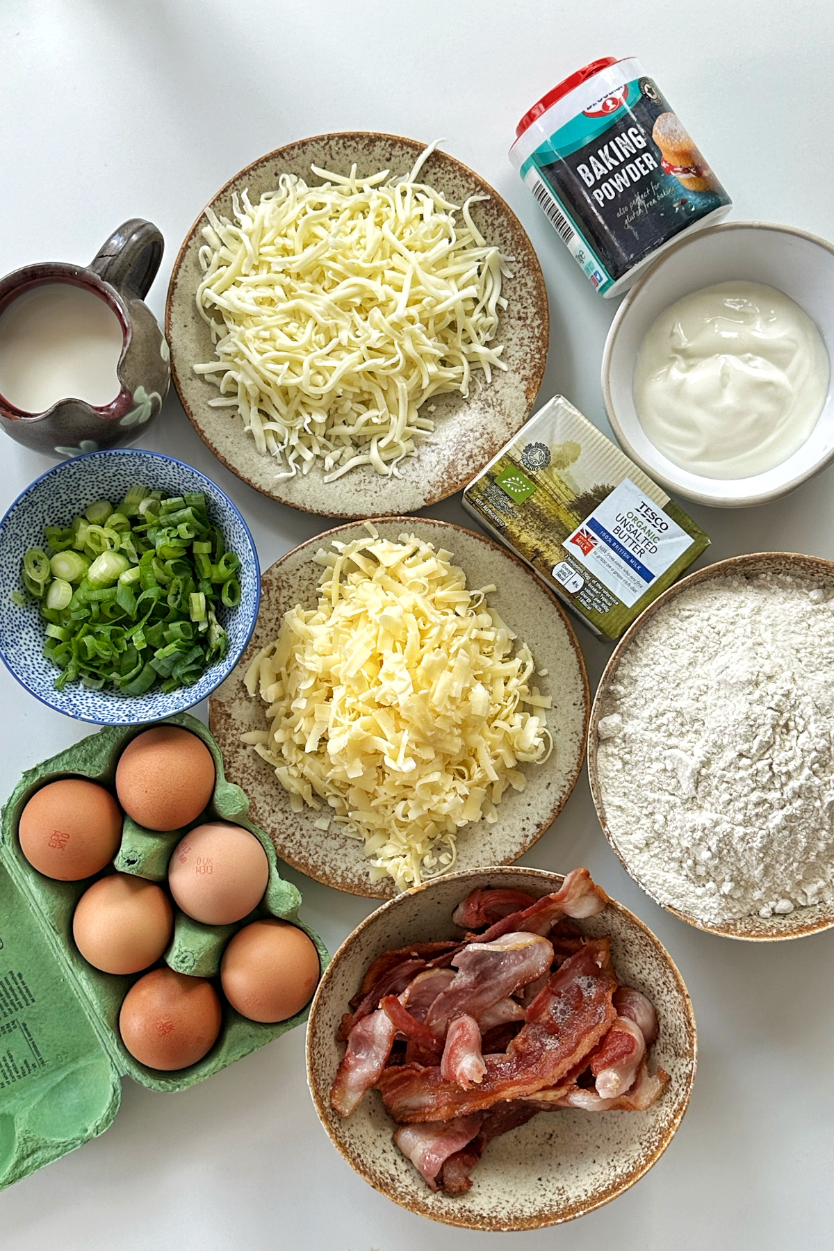 Image of the ingredients for bacon and cheese muffins.