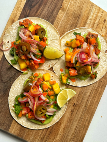 Fish tacos with mango salsa.