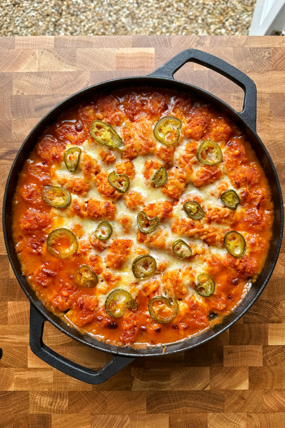 Cowboy casserole topped with tater tots.