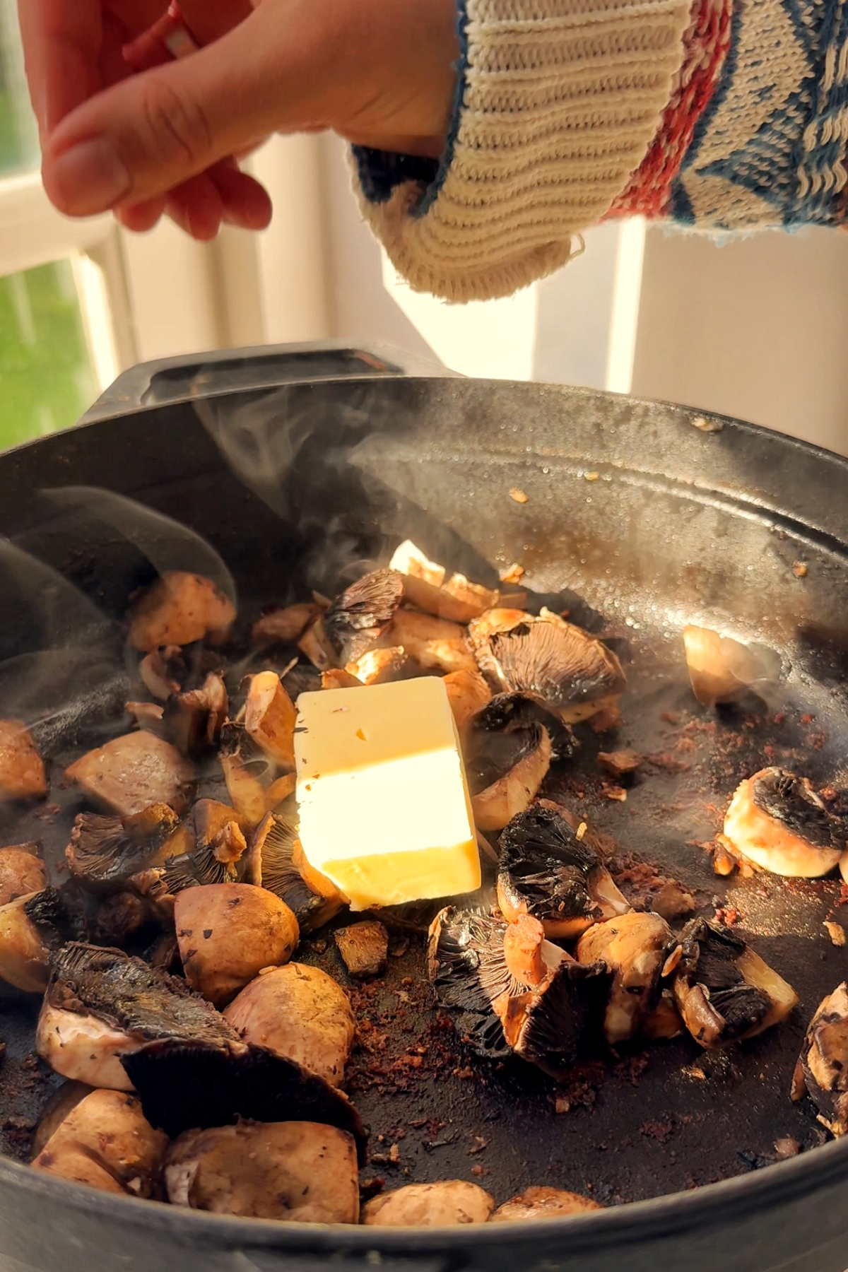 Frying off mushrooms and butter.