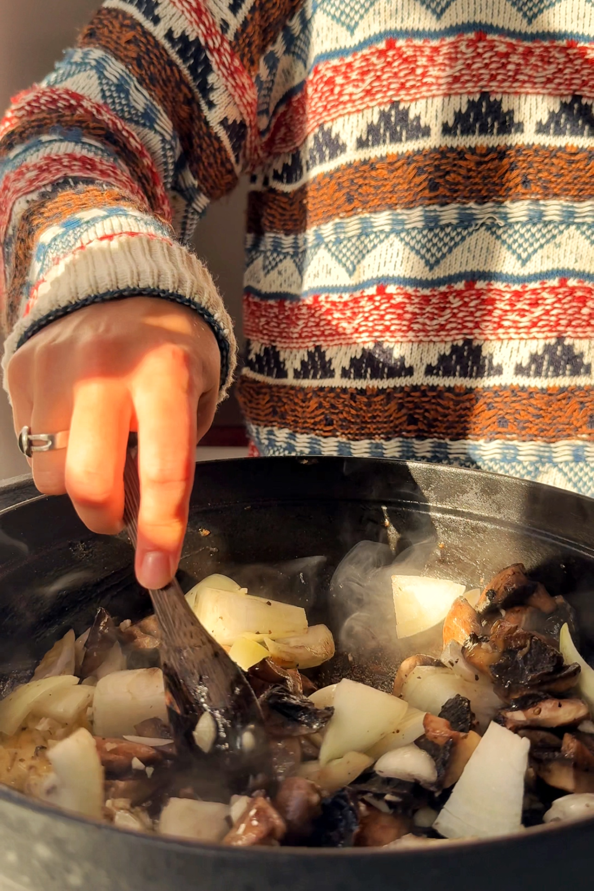 Stirring beef stew with beef stock and red wine.