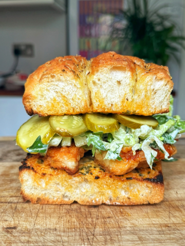 Hot honey chicken sandwich with pickles.