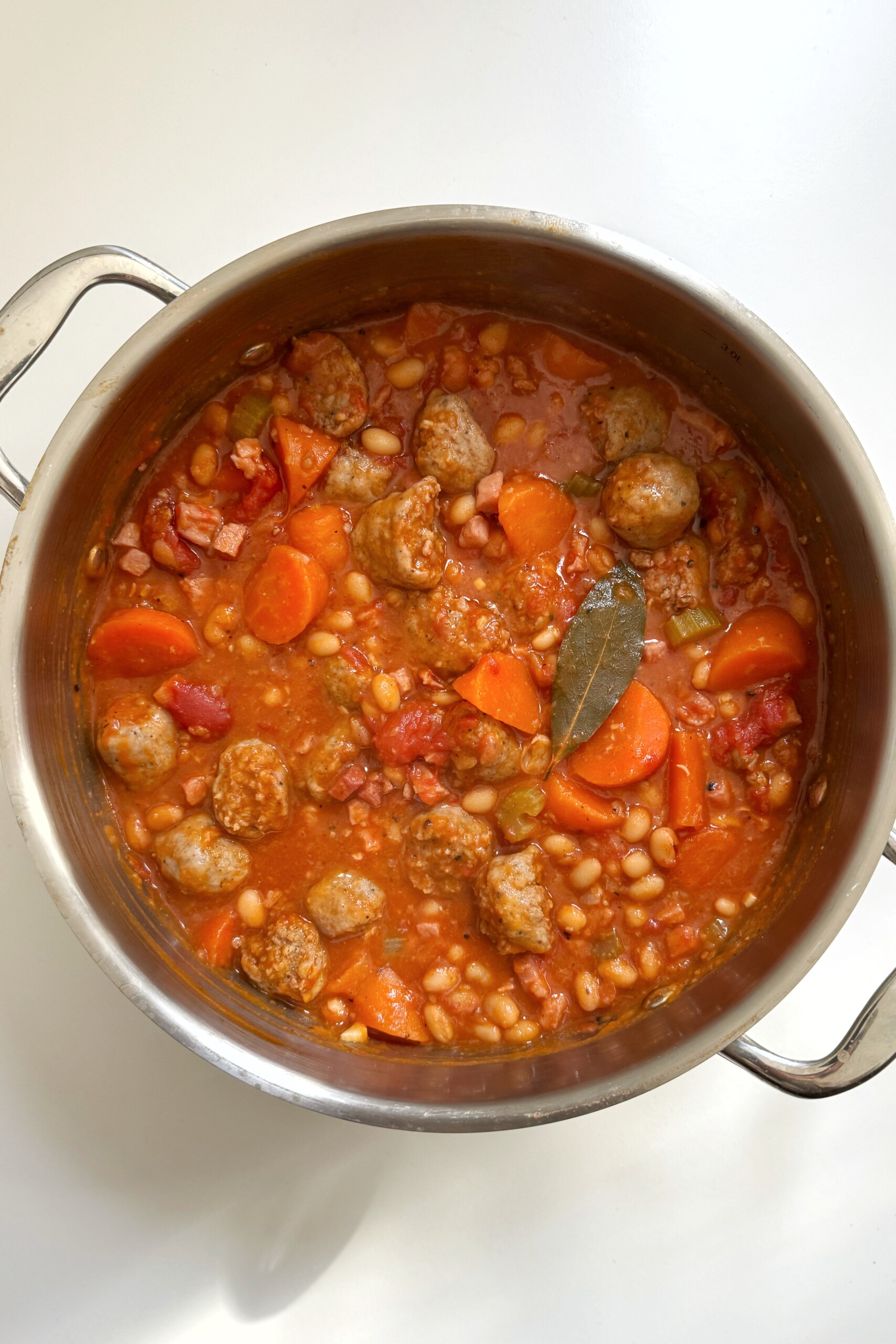 Pot of sausage stew.