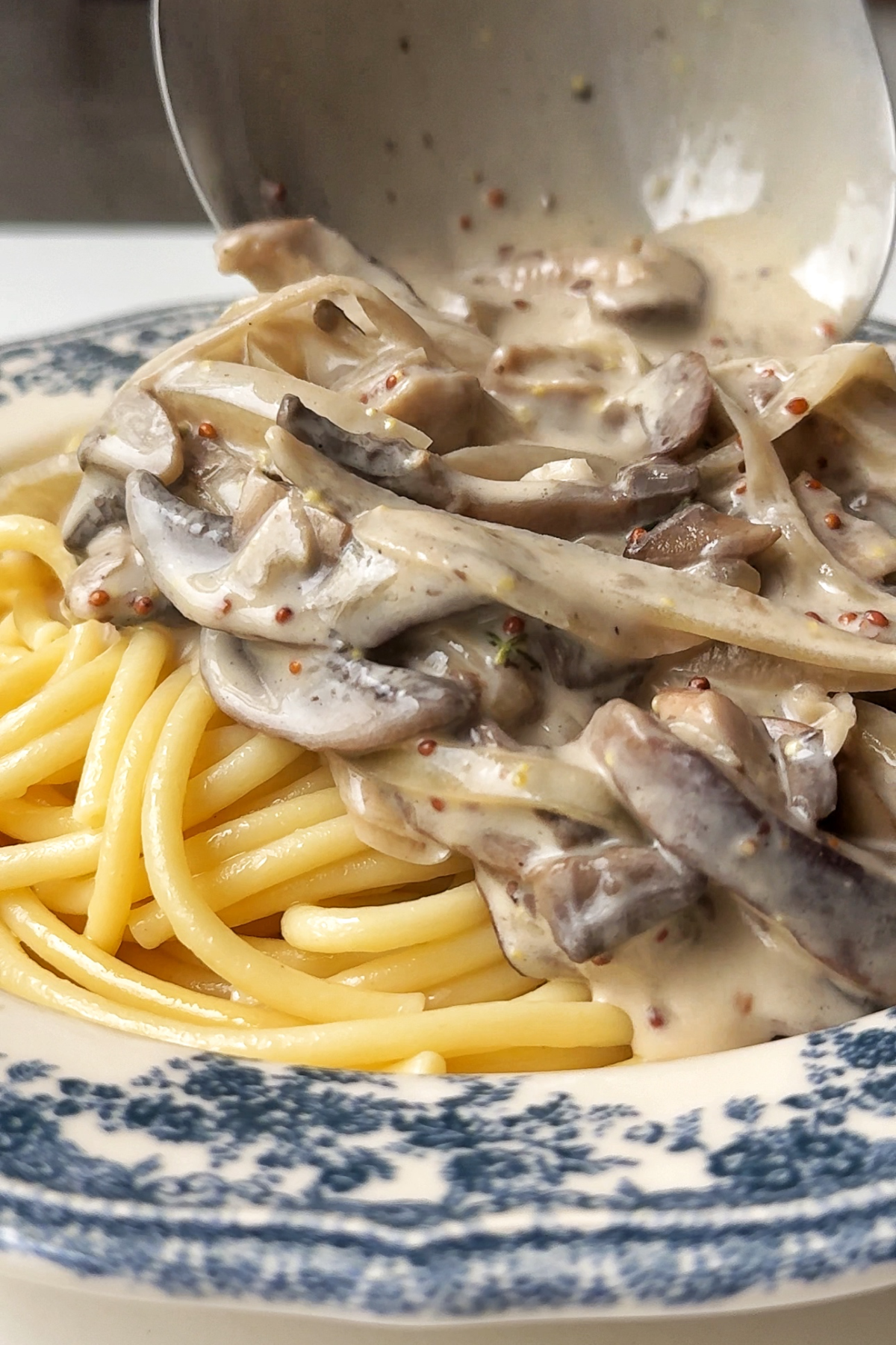 Serving vegan mushroom stroganoff over pasta.