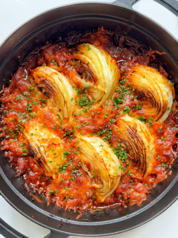 Buldak Fire Cabbage in black cast iron pan.