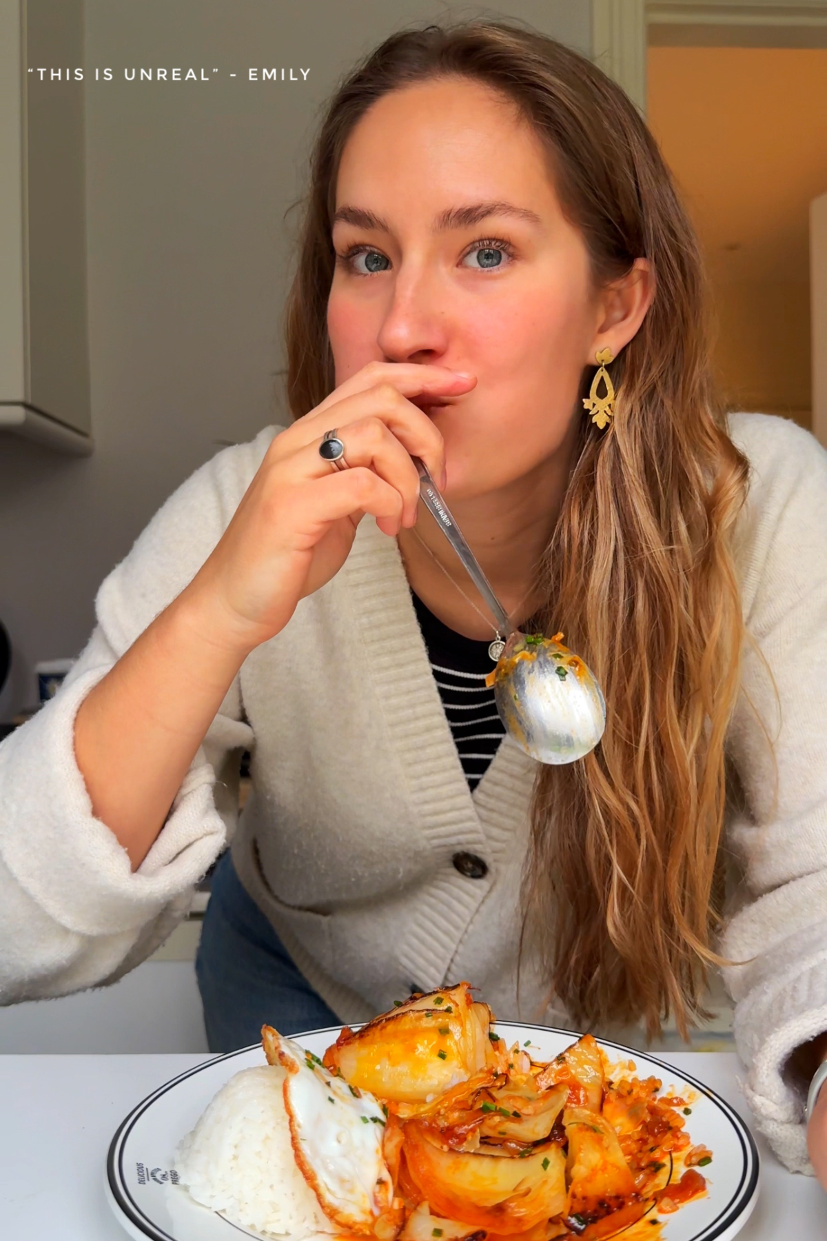 Emily Roz eating buldak fire cabbage recipe.