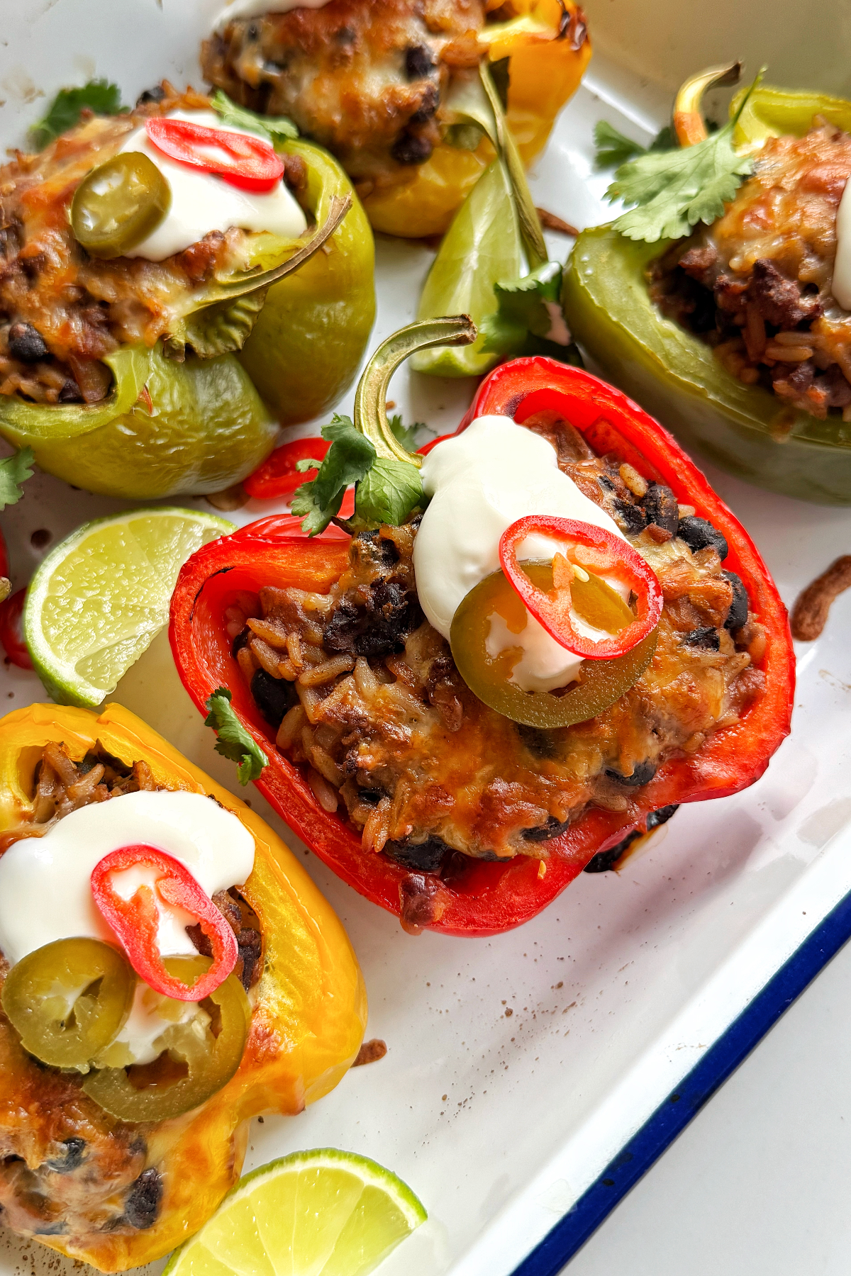 Close up of stuffed peppers with ground beef and rice.