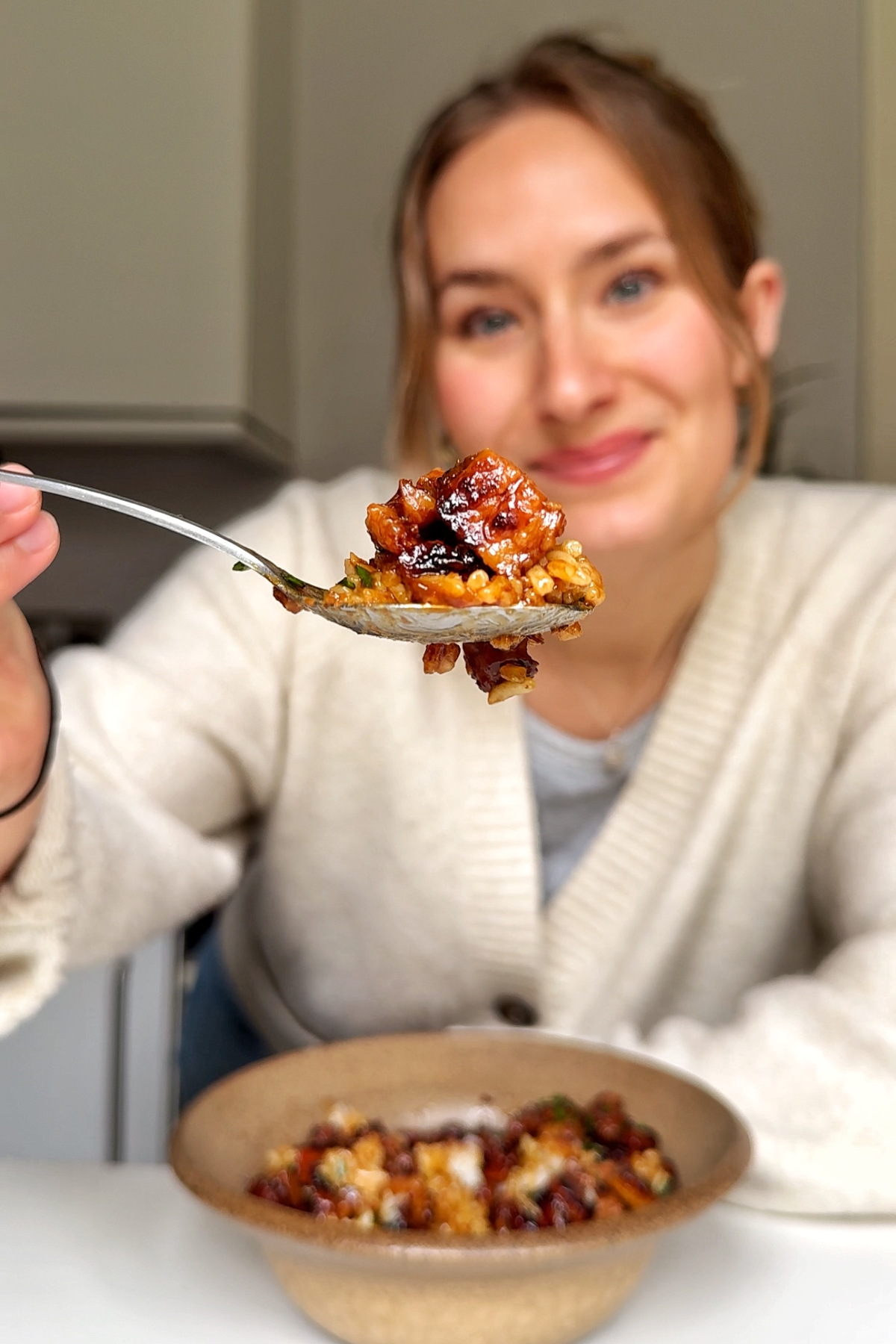 Emily Roz trying Butadon.