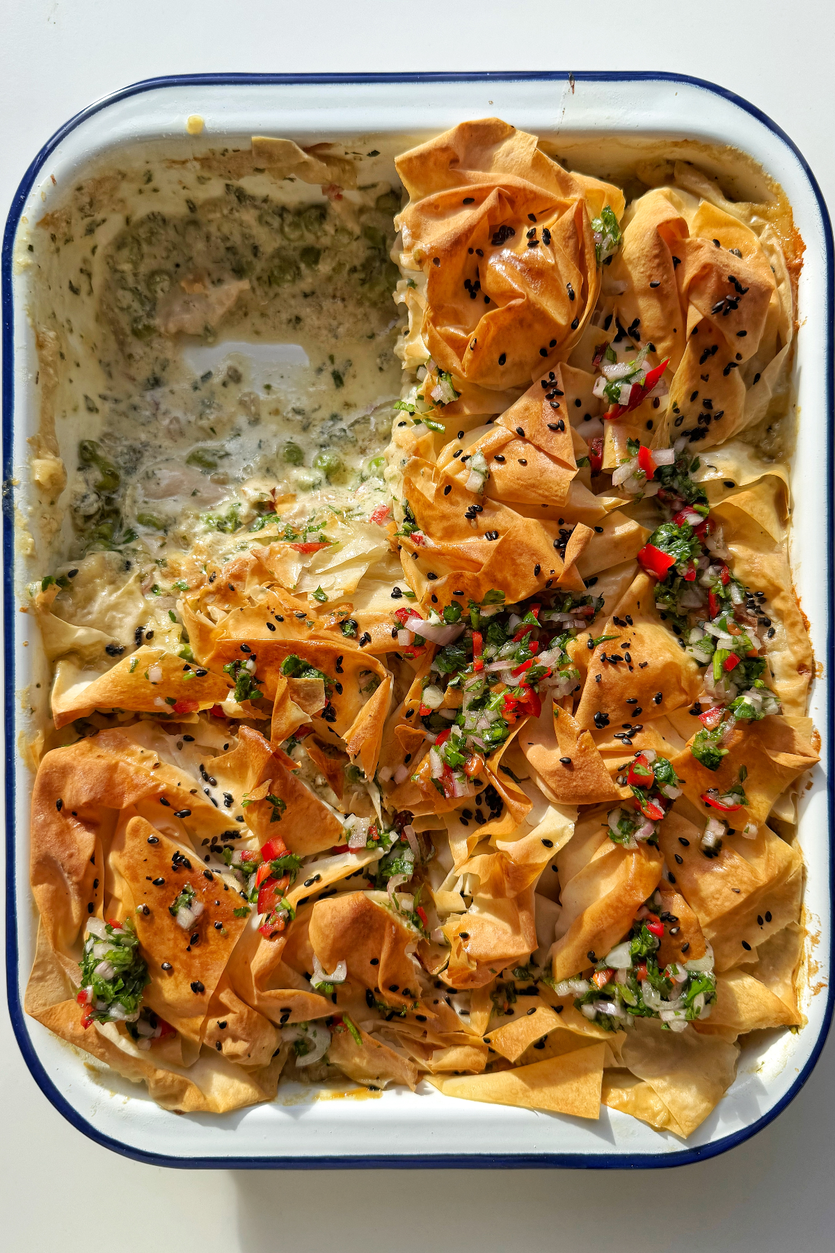 Chicken pot pie with filo dough.