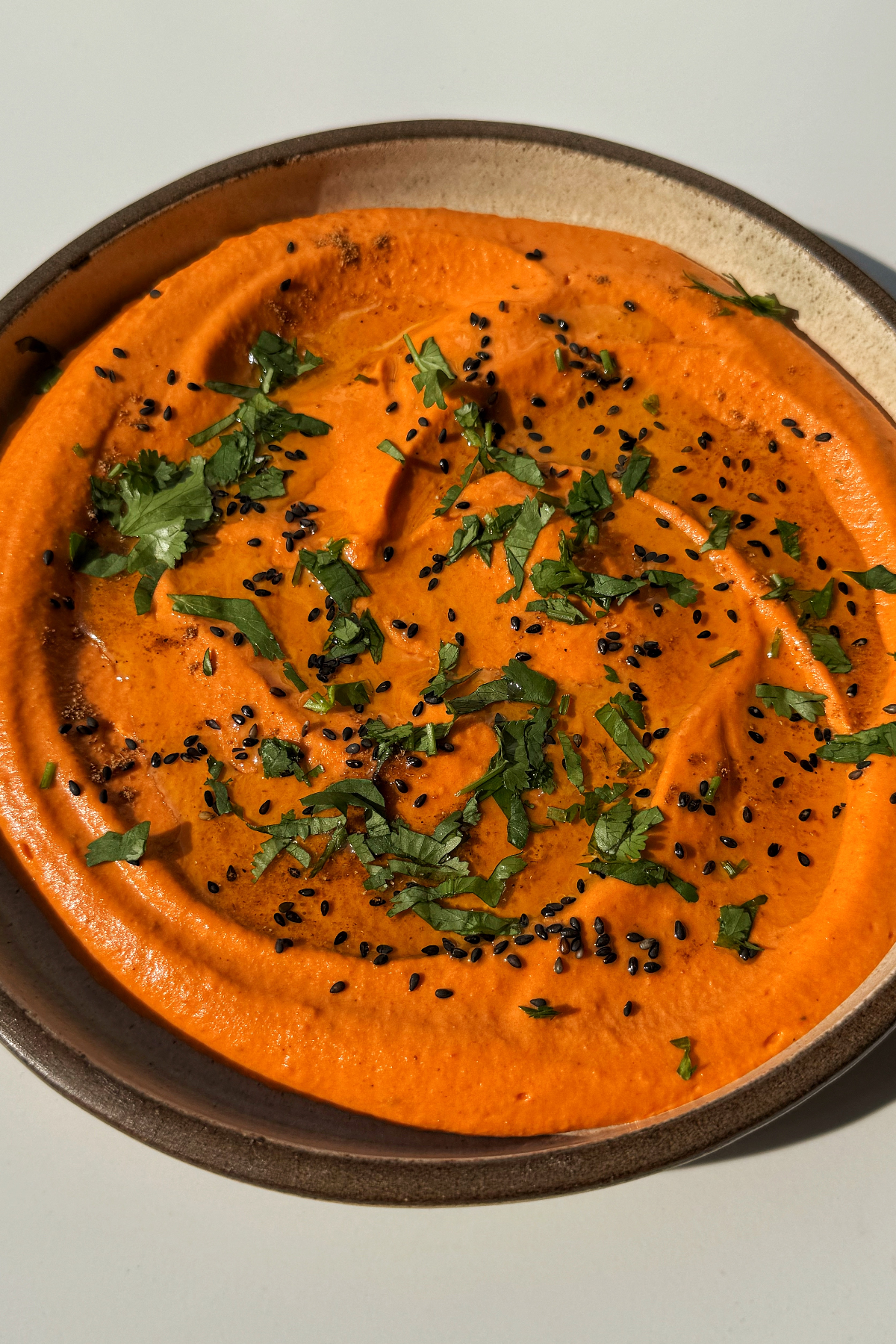 Side angle of roasted red pepper hummus.