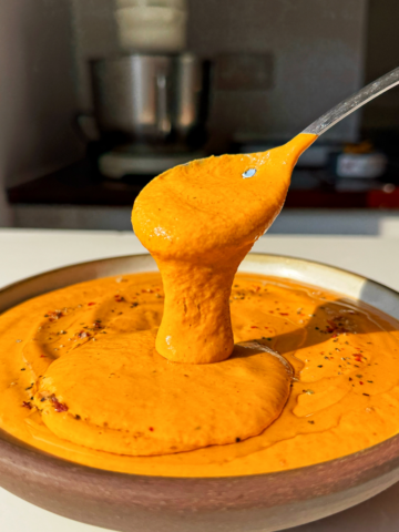 Spoonful of roasted red pepper pasta sauce in a bowl.