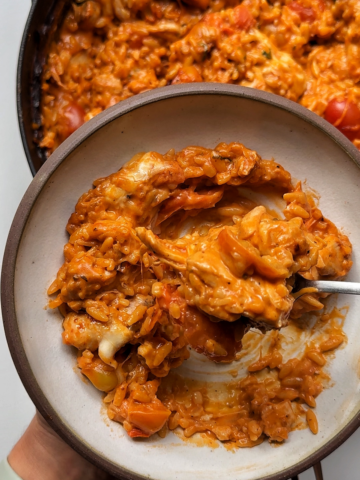 Creamy chicken orzo dish.