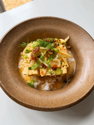 Spicy coconut tofu with jasmine rice.
