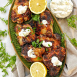 A dish with air fryer greek chicken and yogurt.