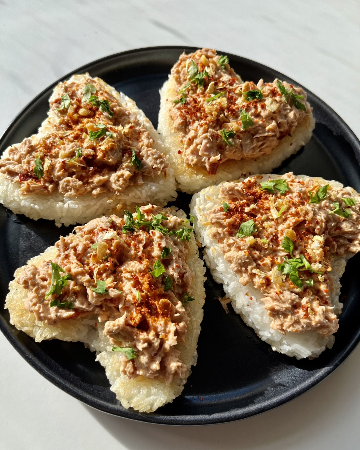 Spicy Tuna Crispy Rice in love heart shapes