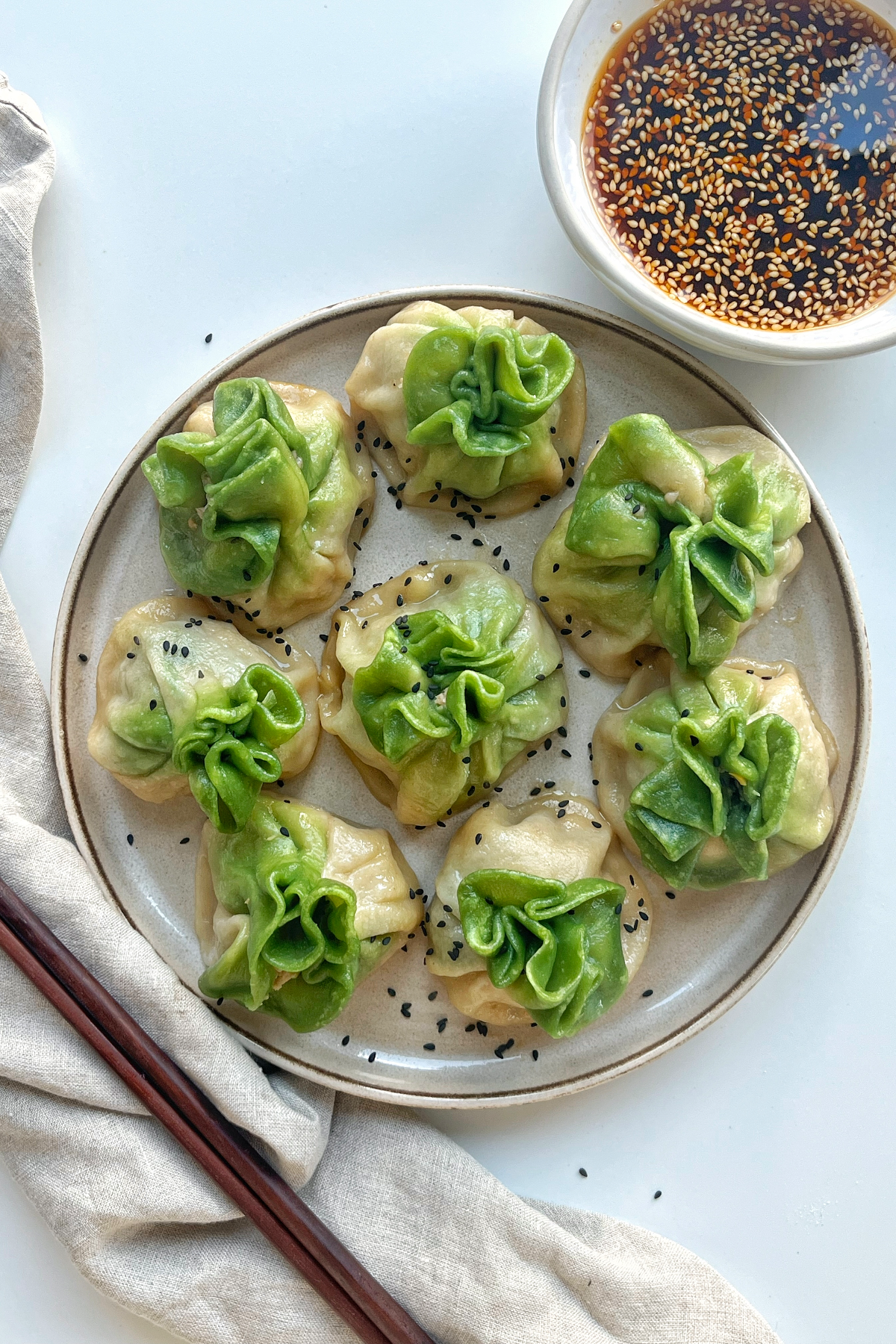 Green and white Pork and Corn Dumplings