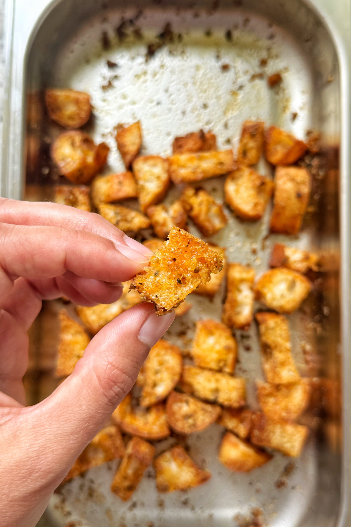 Close up image of ciabatta croutons.