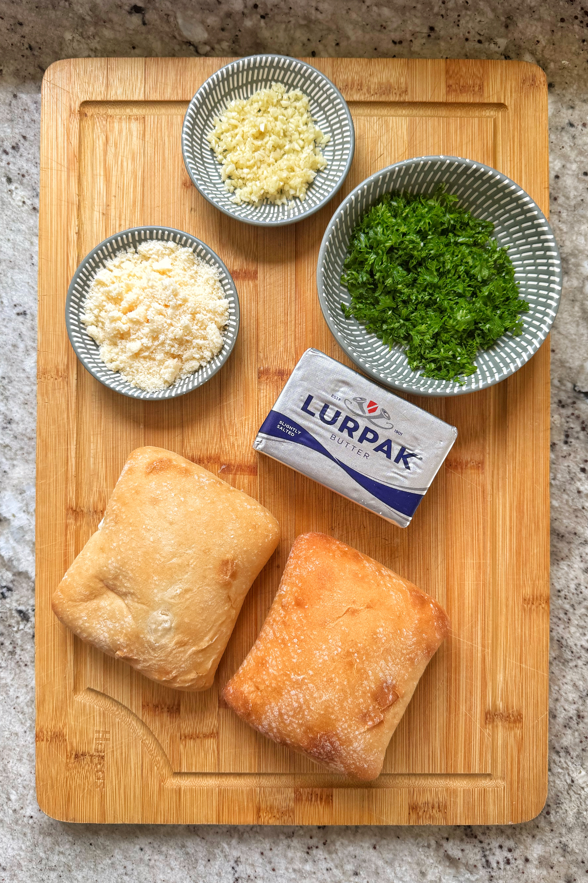 list of ingredients for ciabatta garlic bread.