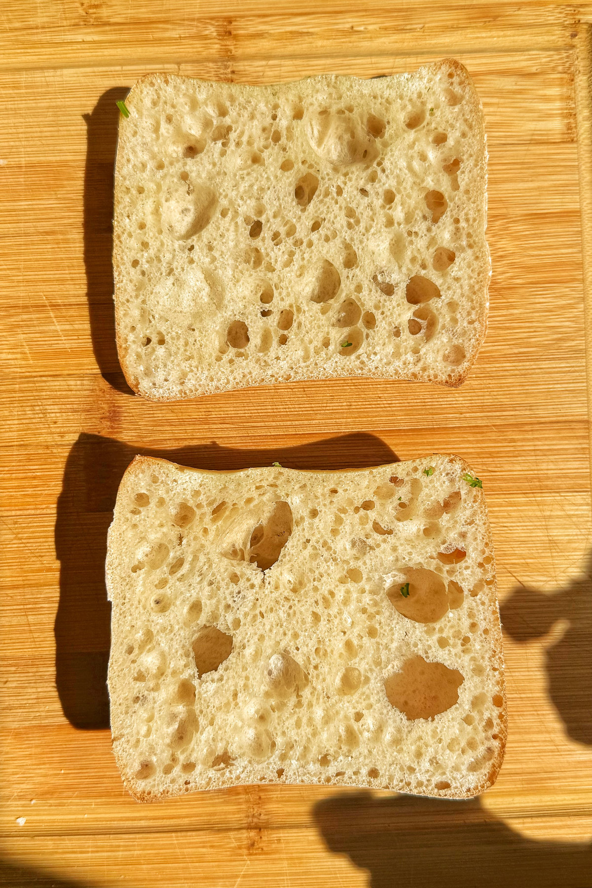 Ciabatta sliced in half.